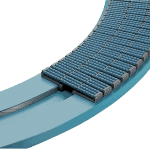 Curved blue cable carrier with segmented links on a circular track