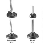 Four black base supports with threaded metal stems showing articulated and fixed foot designs