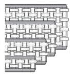 Layered metal roller guide chain links in a stepped arrangement