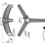 Technical drawing of a three arm index leveller with dimensions and side profile