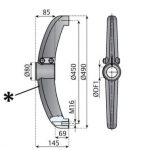 Technical drawing of a curved base support with side and front views and dimensions in millimetres