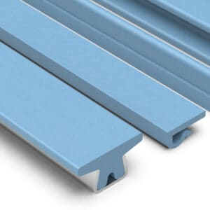 Extrusion plastic profiles in blue for construction and manufacturing.